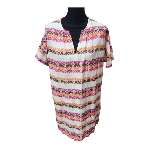 Lou & Grey Boho Tunic Dress Small White Pink Orange Tribal Print Cotton Lined - Picture 2 of 10